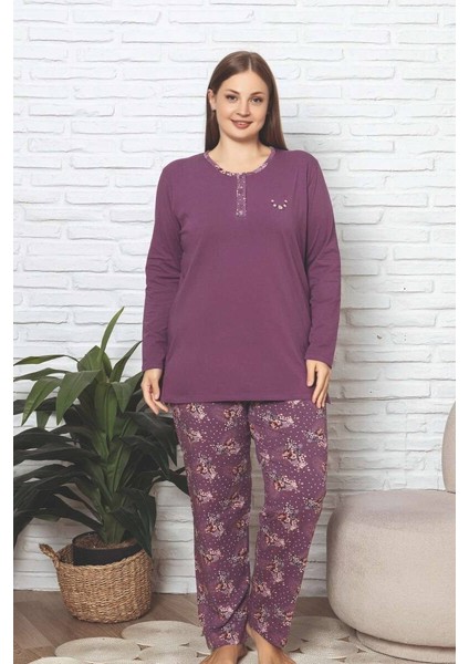 Kadın Çiçek Desenli 3 Düğmeli Pamuk Likra Mevsimlik Uzun Kol Pijama Takımı modelleri