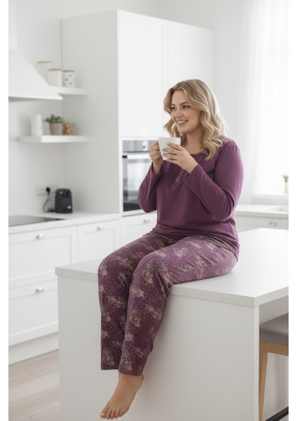 Kadın Çiçek Desenli 3 Düğmeli Pamuk Likra Mevsimlik Uzun Kol Pijama Takımı indirimleri