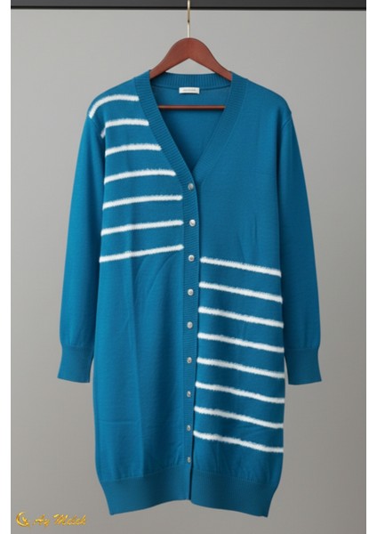 Kadın Triko Hırka Uzun Düğmeli Çizgi Desenli Merserize Hırka