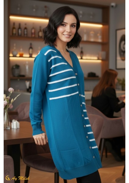 Kadın Triko Hırka Uzun Düğmeli Çizgi Desenli Merserize Hırka fiyatları