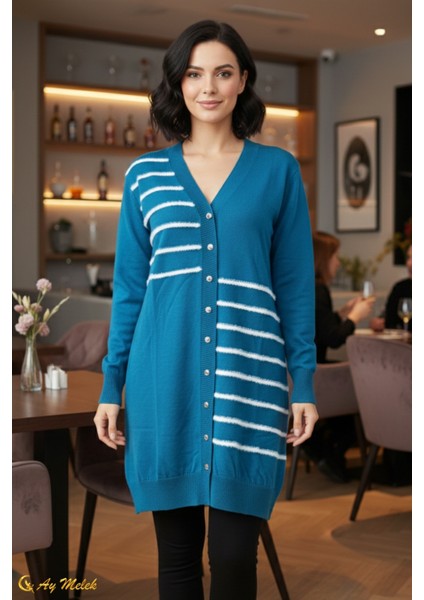 Kadın Triko Hırka Uzun Düğmeli Çizgi Desenli Merserize Hırka modelleri