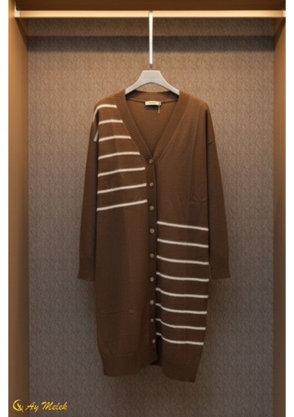 Kadın Triko Hırka Uzun Düğmeli Çizgi Desenli Merserize Hırka