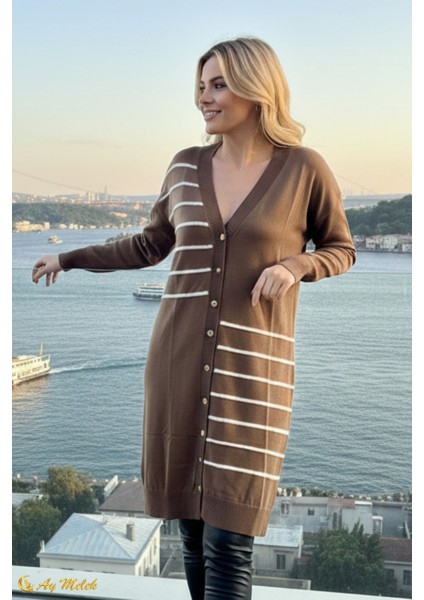 Kadın Triko Hırka Uzun Düğmeli Çizgi Desenli Merserize Hırka fiyatları