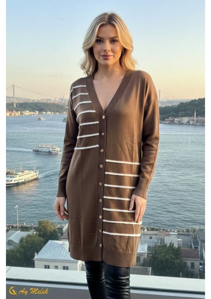 Kadın Triko Hırka Uzun Düğmeli Çizgi Desenli Merserize Hırka modelleri