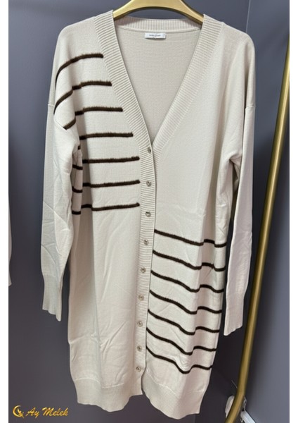 Kadın Triko Hırka Uzun Düğmeli Çizgi Desenli Merserize Hırka