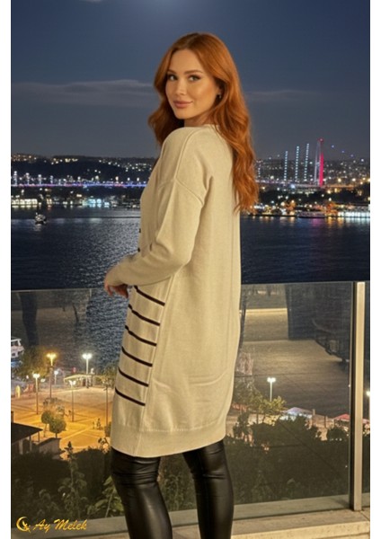 Kadın Triko Hırka Uzun Düğmeli Çizgi Desenli Merserize Hırka fiyatları