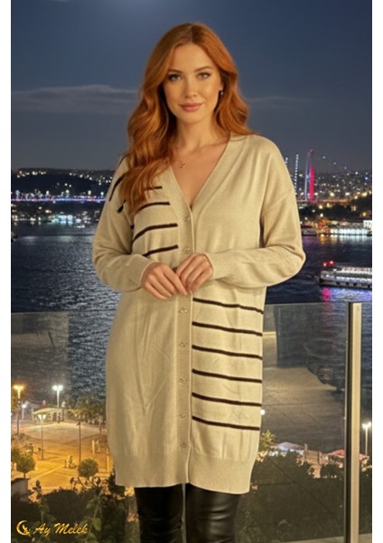 Kadın Triko Hırka Uzun Düğmeli Çizgi Desenli Merserize Hırka modelleri