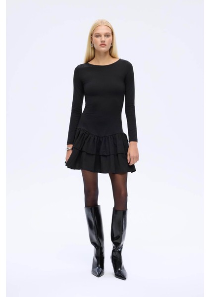 Fırfır Detaylı Siyah Kadın Elbise ELB00926