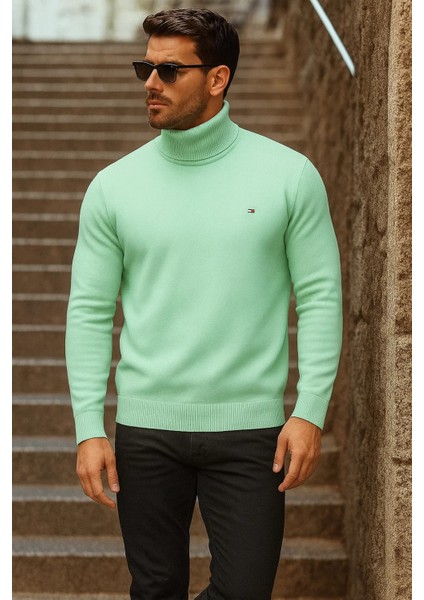 Erkek Kışlık Basic Uzun Boğazlı Mint Kazak modelleri