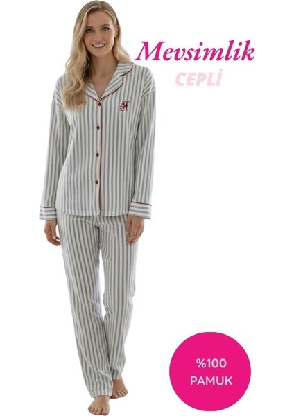 Kadın Beyaz Çizgili %100 Pamuk Kumaş Mevsimlik Uzun Kol Cepli Pijama Takımı