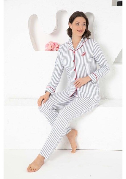 Kadın Beyaz Çizgili %100 Pamuk Kumaş Mevsimlik Uzun Kol Cepli Pijama Takımı modelleri