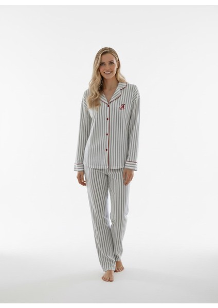 Kadın Beyaz Çizgili %100 Pamuk Kumaş Mevsimlik Uzun Kol Cepli Pijama Takımı