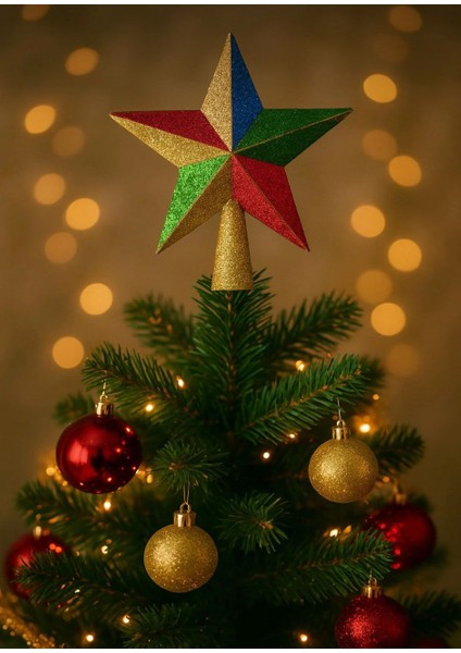 Gold & Çok Renkli Yılbaşı Ağacı Tepelik Yıldız