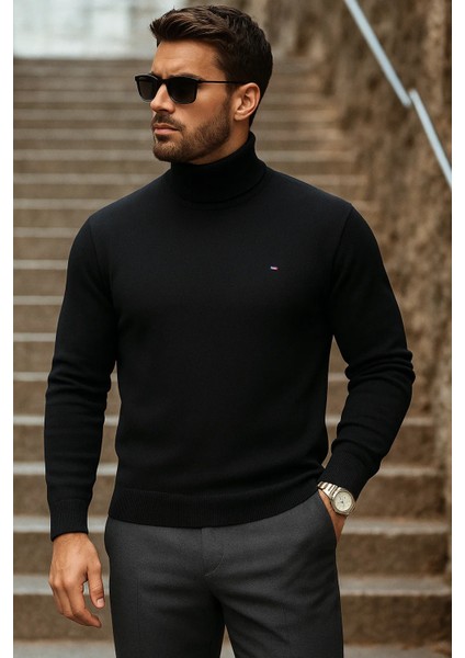 Erkek Kışlık Basic Uzun Boğazlı Siyah Kazak