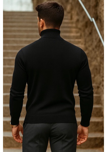 Erkek Kışlık Basic Uzun Boğazlı Siyah Kazak