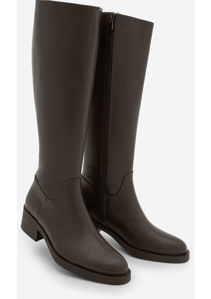 Kadın Dizaltı Fermuarlı Klasik Topuklu Çizme Lunces Kahve