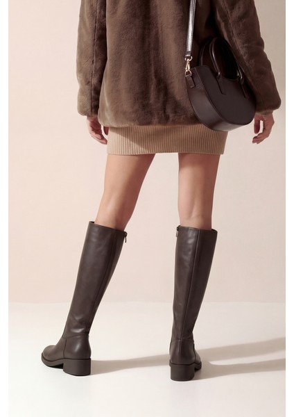 Kadın Dizaltı Fermuarlı Klasik Topuklu Çizme Lunces Kahve fırsatları