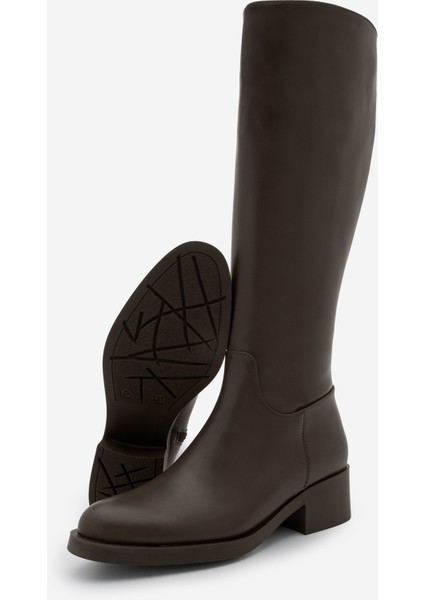 Kadın Dizaltı Fermuarlı Klasik Topuklu Çizme Lunces Kahve