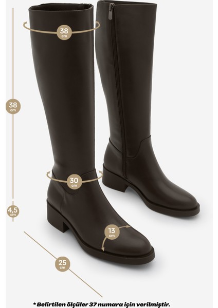 Kadın Dizaltı Fermuarlı Klasik Topuklu Çizme Lunces Kahve