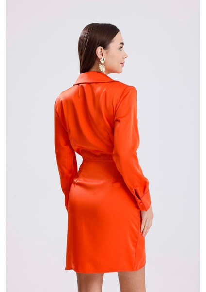 Kadın Turuncu Kruvaze Yaka Gömlek Tarzı Parlak Saten Mini Elbise Uzun Kollu Abiye Elbise Yılbaşı fırsatları