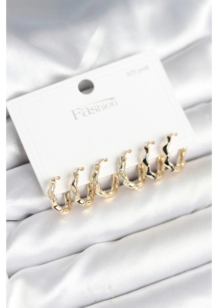 Renk Pirinç Zikzak 925 Ayar Gümüş Çivili Kadın Küpe Seti