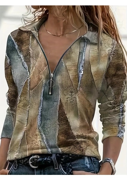 Cottonlab Kadın Uzun Kollu Önden Fermuarlı Iki Iplik Bluz