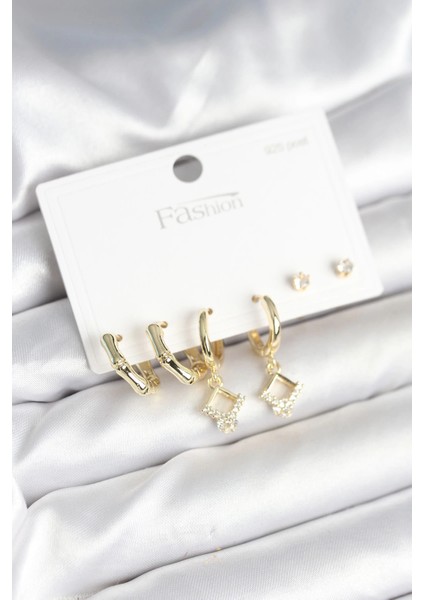 Pirinç Renk 925 Ayar Gümüş Çivili Kadın Küpe Seti