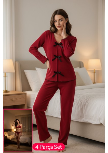 Kadın Bordo Fiyonklu Iç Çamaşırı ve Uzun Kollu V Yaka Pijama Takımı 4'lü Set