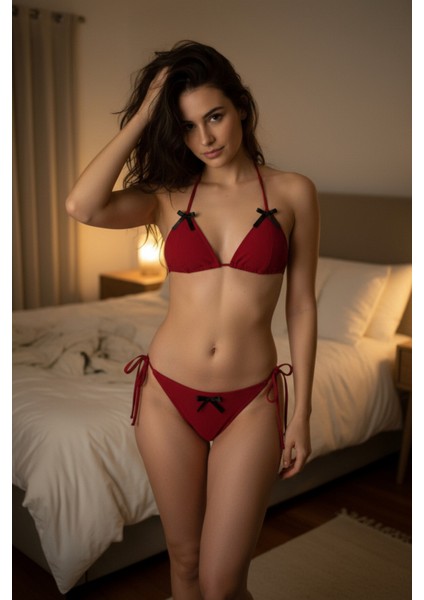 Kadın Bordo Fiyonklu Iç Çamaşırı ve Uzun Kollu V Yaka Pijama Takımı 4'lü Set fiyatları