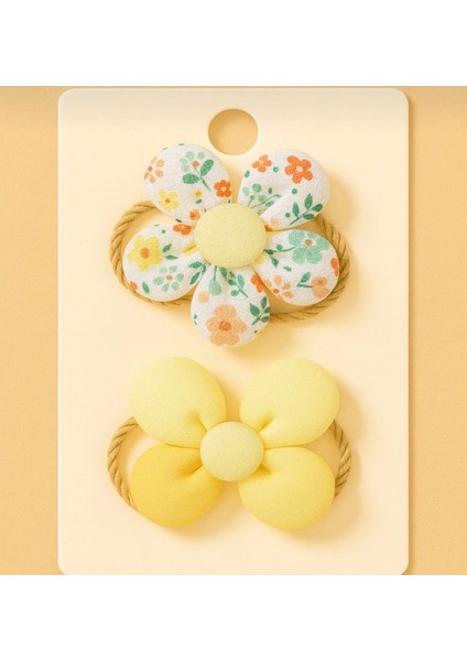 Kız Çoçuk Çiçek Kumaş Saç Tokası 2'li Set Sarı Desenli