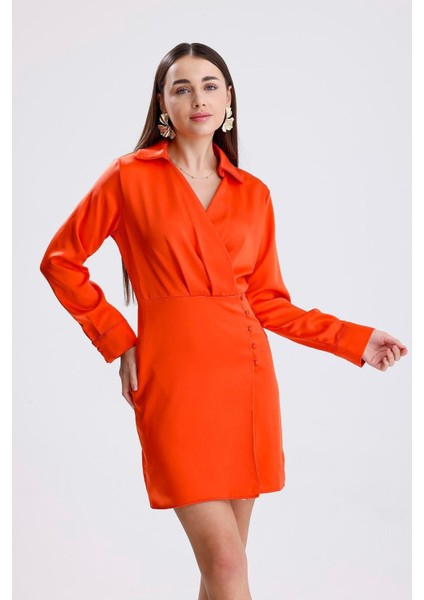 Kadın Turuncu Kruvaze Yaka Gömlek Tarzı Parlak Saten Mini Elbise Uzun Kollu Abiye Elbise Yılbaşı