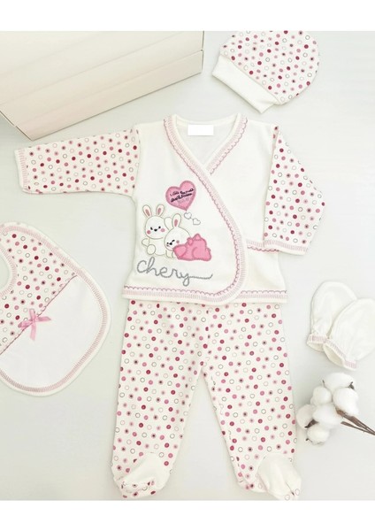 Sevimli Tavşan Figürlü Puantiyeli Bebek 5'li Hastane Çıkışı Seti Pamuk Yenidoğan Zıbın Takımı
