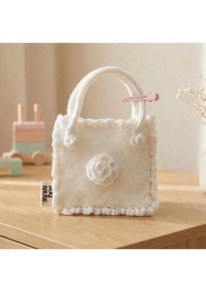 El Örgüsü Kız Çocuk El Çantası - Snowy Rose - 3D Güllü - Beyaz