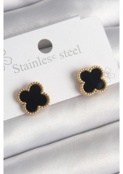 316L Çelik Renk Siyah Yonca Kadın Küpe