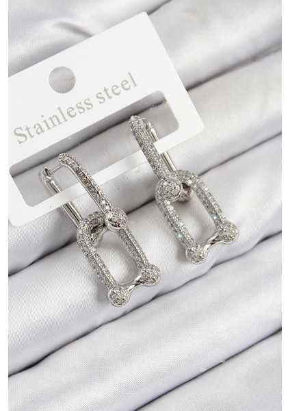 Pirinç Zirkon Taşlı Tifany Gümüş Renk Kadın Küpe