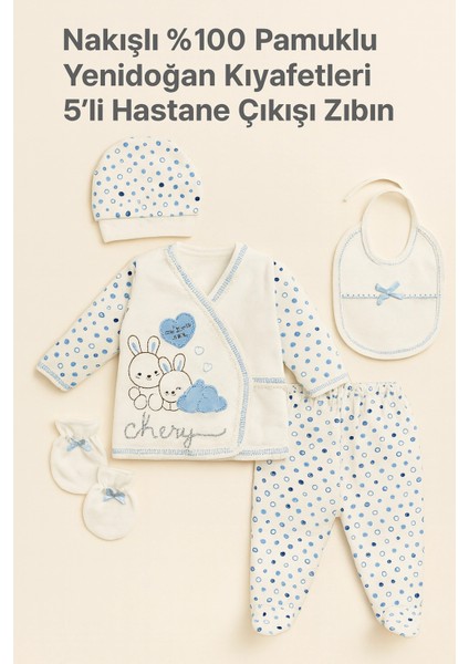 Nakışlı Pamuk 5’li Yenidoğan Hastane Çıkışı Zıbın Seti | Tavşan Desenli Organik Bebek Kıyafetl