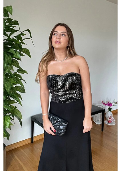 Yeni Sezon Kalp Dekolteli Yaka Kadife Pul Payetli Straplez Büstiyer Crop Bluz Kaliteli Parti Şıklığı