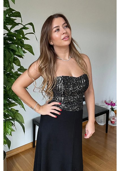 Yeni Sezon Kalp Dekolteli Yaka Kadife Pul Payetli Straplez Büstiyer Crop Bluz Kaliteli Parti Şıklığı indirimleri