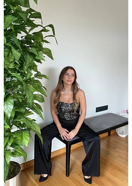 Yeni Sezon Kalp Dekolteli Yaka Kadife Pul Payetli Straplez Büstiyer Crop Bluz Kaliteli Parti Şıklığı