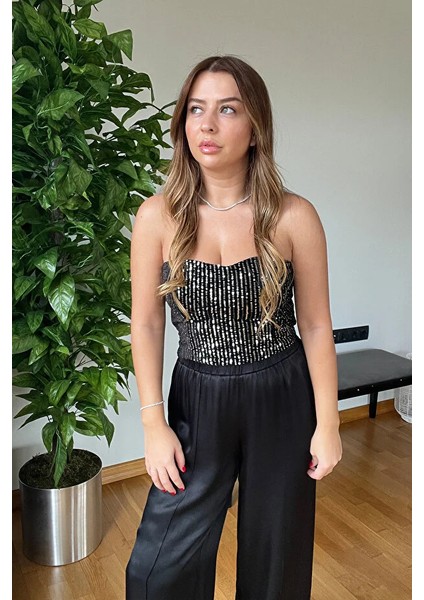 Yeni Sezon Kalp Dekolteli Yaka Kadife Pul Payetli Straplez Büstiyer Crop Bluz Kaliteli Parti Şıklığı