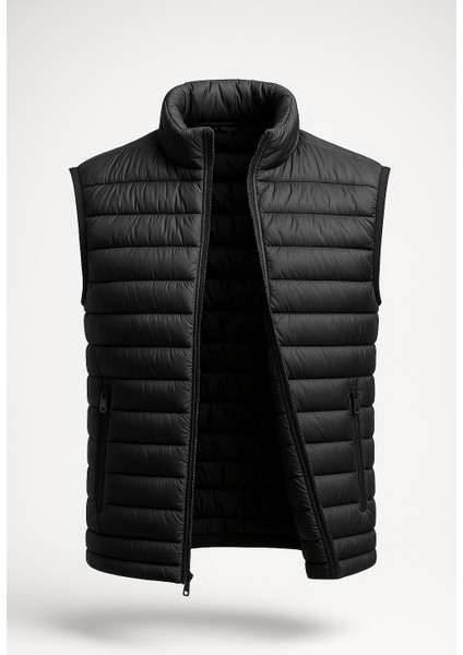 Erkek Slim Fit Fermuarlı Siyah Şişme Yelek - 7473