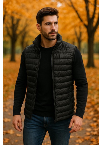 Erkek Slim Fit Fermuarlı Siyah Şişme Yelek - 7473 fiyatları