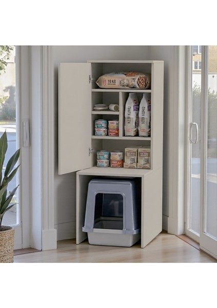 Mdf Kapalı Kedi Tuvaleti Gizleme Kabini - Çok Amaçlı Düzenleyici Dolap ve Mama Saklama Ünitesi