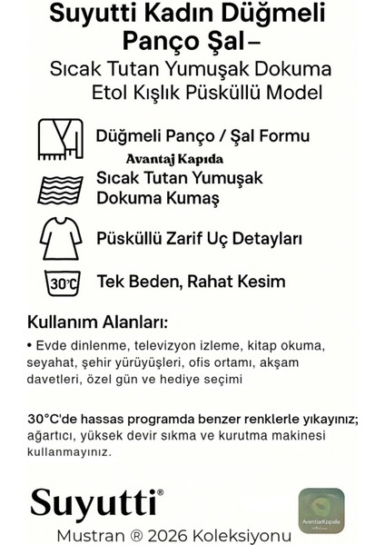Suyutti Kadın Düğmeli Panço Şal – Sıcak Tutan Yumuşak Dokuma Etol Kışlık Kadın Şal | 2026