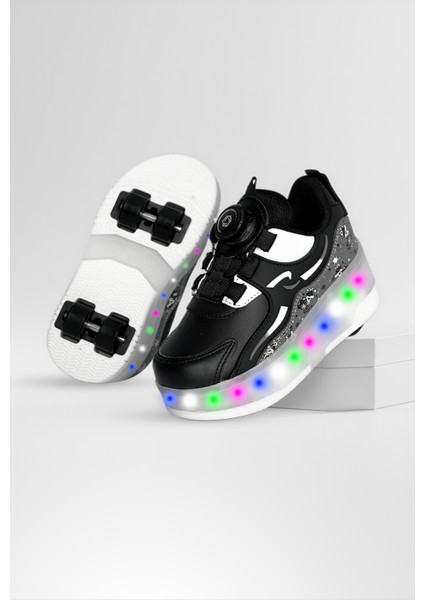 Çocuk Patenli Işıklı Tekerlekli Spor Ayakkabı & Rahat Siyah Kaykay Ayakkabı 4 Teker