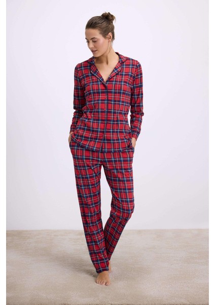 %100 Pamuklu Uzun Kol Düğmeli Gömlek ve Ekose Pantolon Pijama Takımı