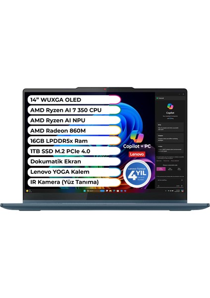 Yoga 7 Amd Ryzen 7 350 Cpu LPDDR5X 16GB 1 Tb M2 SSD Copilot Amd Ryzen Aı 50 Tops 14" OLED Wuxga Dokunmatik Ekran 83JR009VTR
