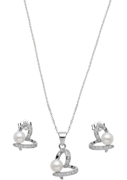 Taşlı Kalp Gümüş İnci Set&Takım [IN0383022]