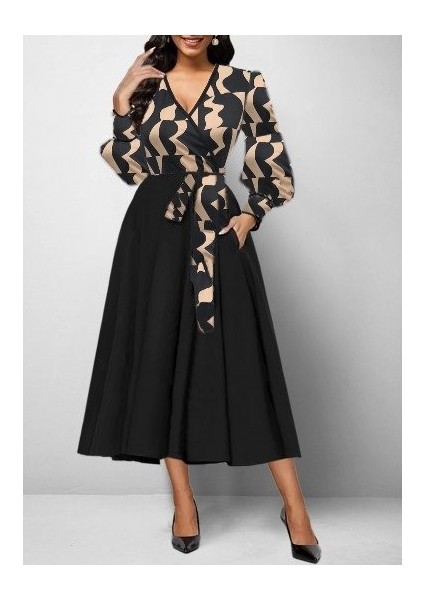 Cottonlab Kadın Uzun Kollu Kruvaze Yaka Dalgıç Krep Midi Boy Elbise