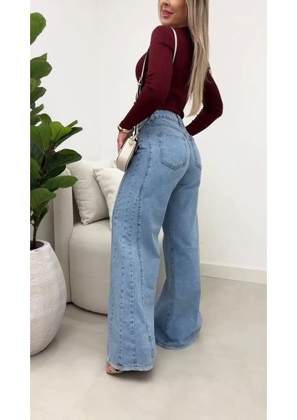 Cottonlab Kadın Yüksek Bel Paçaya Doğru Geniş Kesimli Kot Pantolon